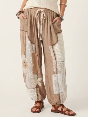 "The Peyton" Boho Crochet Patchwork Wide-Leg Pants - Beige